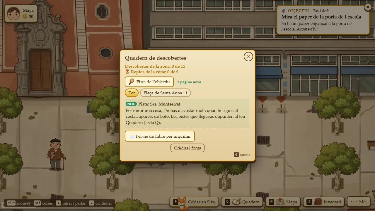Captura real del juego: el Cuaderno de descubrimientos abierto sobre la plaza de Santa Anna