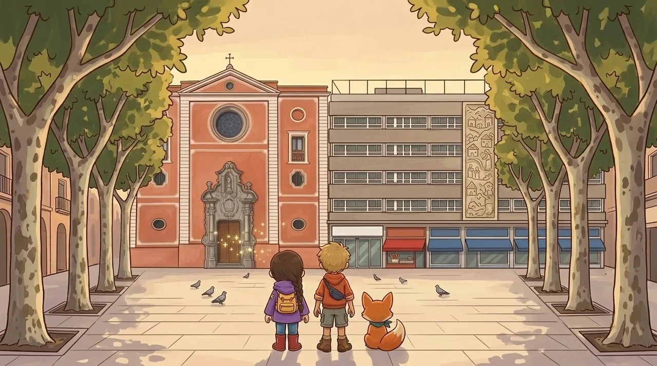 Ilustración de L’Últim Enigma: dos niños y un zorro miran la iglesia de Santa Anna de Mataró